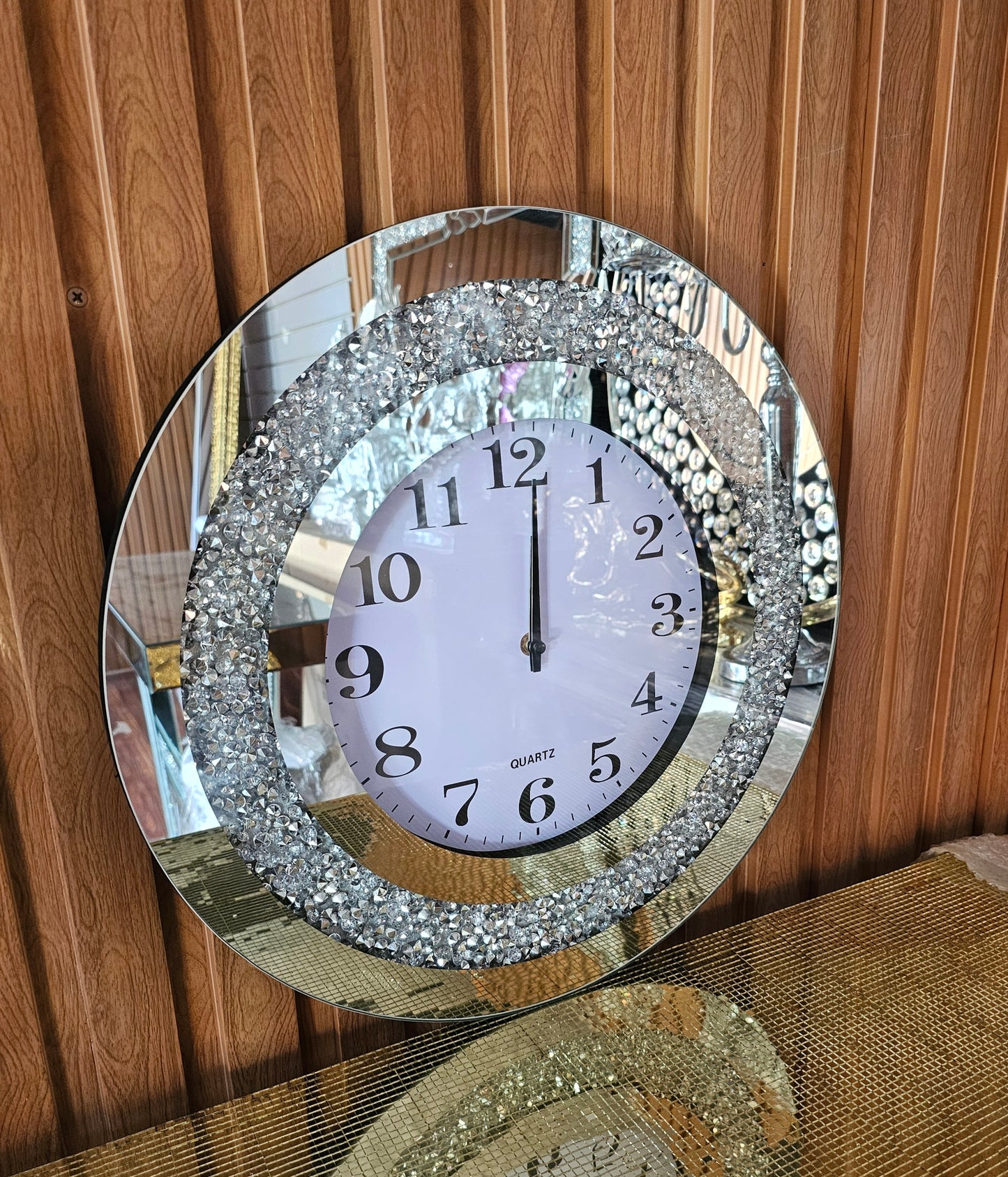 Round Wall Clock Crystal Mirror Finish 45cm