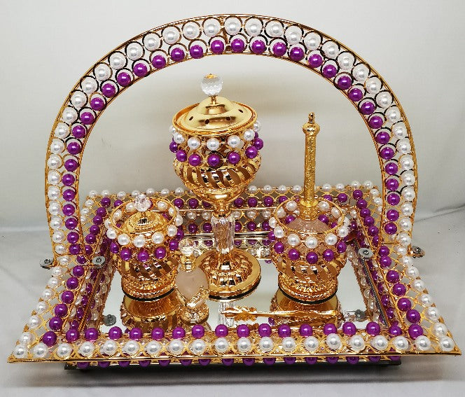 Vanity Set Gold Design With Purple & White Pearls