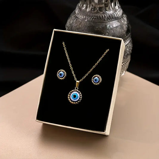 1 Pair Of Earrings + 1 Necklace Hip Hop Style Jewelry Set Trendy Evil Eye Design Made Of Stainless Steel Suitable For Men And Women