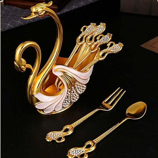 Alloy Swan Spoon Set Fruit Fork Coffee Spoon Cutlery Set Swan Base For Sugar, Cream, And Stirring In Style(D with 6 forks)