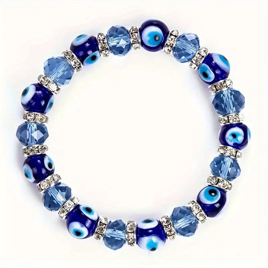 1pc Blue Evil Eye Glass Bead Bracelet, Adjustable Faceted Beads Bracelet, Horseshoe Charm Bracelet Jewelry For Men Women Lucky Eye
