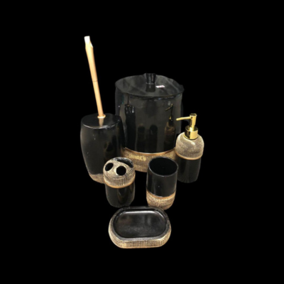 6 pc Bathroom Set Black and Gold