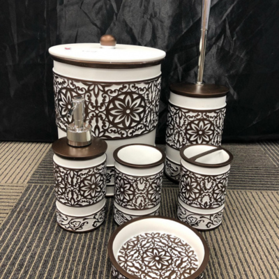 6 pc Bathroom Set Engraved White